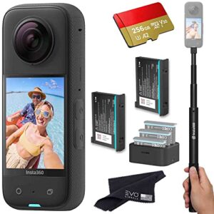 insta360 x3 - waterproof 360 action camera bundle includes extra 2 batteries, charger, invisible selfie stick & 256gb memory card