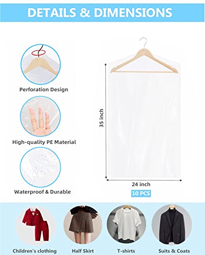 10Pcs Dry Cleaner Bags Plastic Clear Bags,Transparent Dust Cover Hung Garment Bags for Hanging Clothes Suit Dress Jacket Cover for Dry Cleaner Store, Home Closet Storage,Travel-24 x 35 Inch