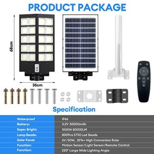 DANCINGBOAR 1000W Solar LED Street Lights Outdoor Motion Sensor, 80000LM Commercial 6500K Dusk to Dawn LED Security Floodlight with Remote Control, IP66 Waterproof Parking Lot Light for Yard, Path