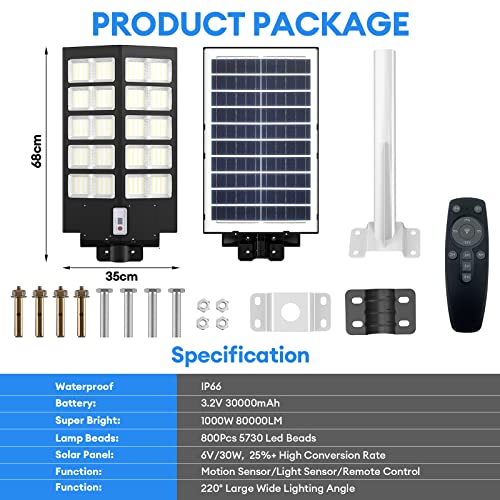 DANCINGBOAR 1000W Solar LED Street Lights Outdoor Motion Sensor, 80000LM Commercial 6500K Dusk to Dawn LED Security Floodlight with Remote Control, IP66 Waterproof Parking Lot Light for Yard, Path