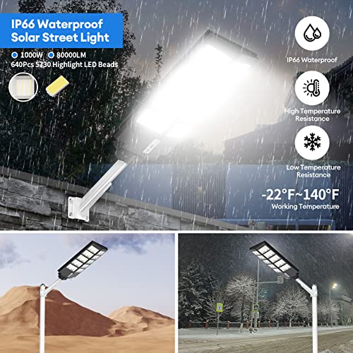 DANCINGBOAR 1000W Solar LED Street Lights Outdoor Motion Sensor, 80000LM Commercial 6500K Dusk to Dawn LED Security Floodlight with Remote Control, IP66 Waterproof Parking Lot Light for Yard, Path