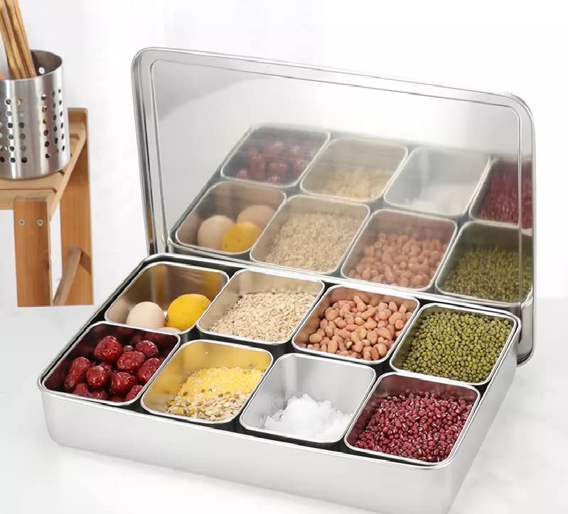 Xarra - Japanese Mini Container, Stainless Steel Yakumi Mise En Place Box, Multi Compartment Set For Food, Herbs, Seasoning and Spices (8 Compartment)