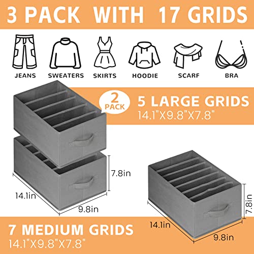 Large Wardrobe Clothes Organizer, 3 Pack 17 Grids Closet Organizers and Storage with Handles, Foldable Fabric Drawer Organizers Dividers for Clothing, Jeans, Sweater, Bras (14.2X9.8X7.9, Grey)