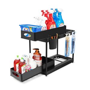 pull out under sink organizers and storage for bathroom and kitchen, 2 tier double sliding under cabinet storage organizer with hooks, hanging cup, pull out double shelf drawer