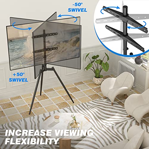 Rfiver Artistic Easel TV Tripod Stand for 32 to 65 Inch LCD LED Flat Curved Screens up to 77 lbs, 100° Swivel Minimalist TV Stand for Living Room Corner, Height Adjustable Floor TV Mount, Black