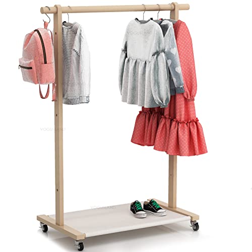 VOGUSLAND Dress Up Rack with Storage Shelf, Kids Clothing Rack with Caster Wheels, Child Garment Rack for Small Space