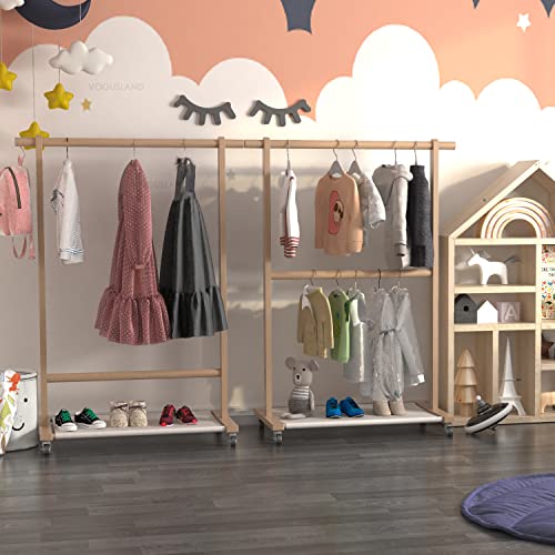 VOGUSLAND Dress Up Rack with Storage Shelf, Kids Clothing Rack with Caster Wheels, Child Garment Rack for Small Space