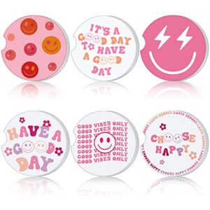 6 pcs pink car coasters preppy car accessories for women absorbent car cup coaster with finger notch cute coasters smile drink coaster for christmas women girl students(cute, ceramic and cork)