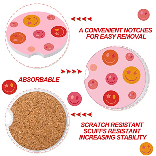 6 Pcs Pink Car Coasters Preppy Car Accessories for Women Absorbent Car Cup Coaster with Finger Notch Cute Coasters Smile Drink Coaster for Christmas Women Girl Students(Cute, Ceramic and Cork)
