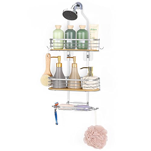 Fogein Shower Caddy Over Shower Head, Hanging Shower Caddy, Shower Basket with Suction Cup, Bathroom Shower Caddy Over The Door with Bamboo Board Hook & Soap Box, No Drilling(3 Tier, Silver)