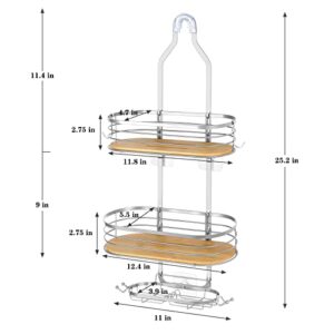 Fogein Shower Caddy Over Shower Head, Hanging Shower Caddy, Shower Basket with Suction Cup, Bathroom Shower Caddy Over The Door with Bamboo Board Hook & Soap Box, No Drilling(3 Tier, Silver)