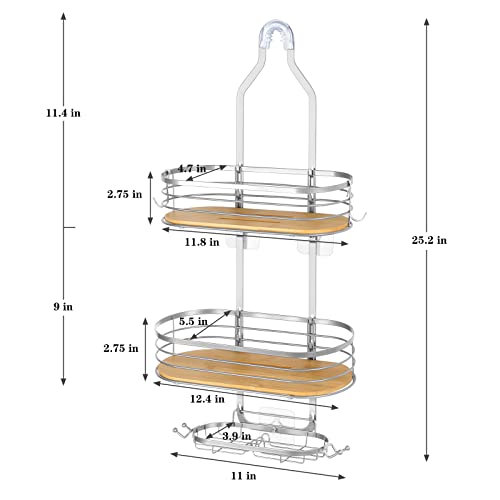 Fogein Shower Caddy Over Shower Head, Hanging Shower Caddy, Shower Basket with Suction Cup, Bathroom Shower Caddy Over The Door with Bamboo Board Hook & Soap Box, No Drilling(3 Tier, Silver)