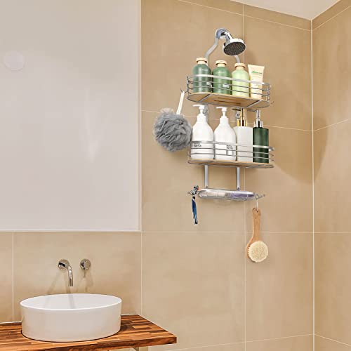 Fogein Shower Caddy Over Shower Head, Hanging Shower Caddy, Shower Basket with Suction Cup, Bathroom Shower Caddy Over The Door with Bamboo Board Hook & Soap Box, No Drilling(3 Tier, Silver)