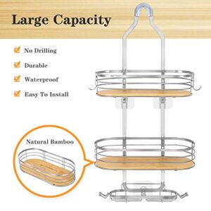 Fogein Shower Caddy Over Shower Head, Hanging Shower Caddy, Shower Basket with Suction Cup, Bathroom Shower Caddy Over The Door with Bamboo Board Hook & Soap Box, No Drilling(3 Tier, Silver)