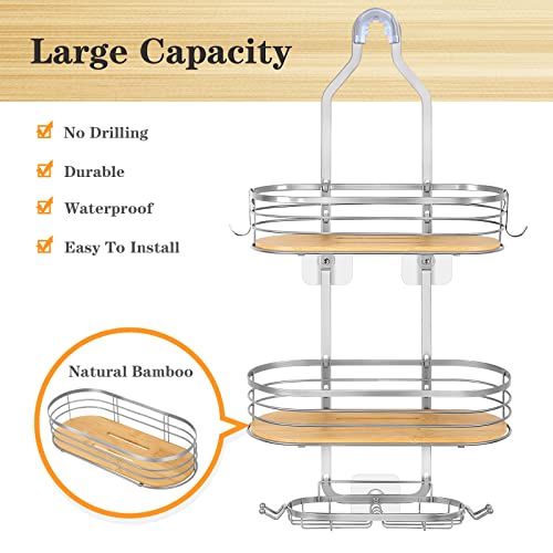 Fogein Shower Caddy Over Shower Head, Hanging Shower Caddy, Shower Basket with Suction Cup, Bathroom Shower Caddy Over The Door with Bamboo Board Hook & Soap Box, No Drilling(3 Tier, Silver)