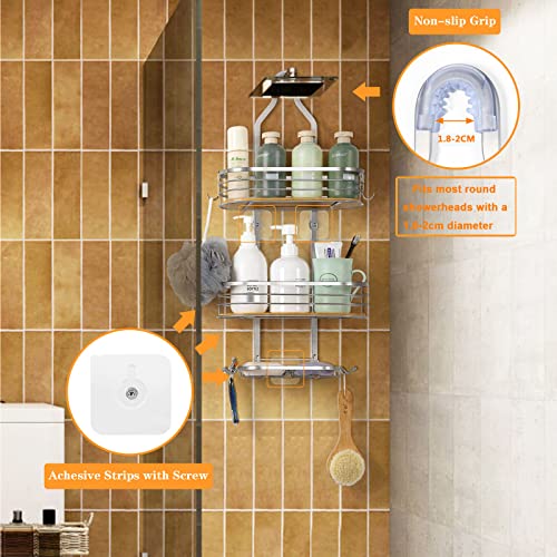 Fogein Shower Caddy Over Shower Head, Hanging Shower Caddy, Shower Basket with Suction Cup, Bathroom Shower Caddy Over The Door with Bamboo Board Hook & Soap Box, No Drilling(3 Tier, Silver)