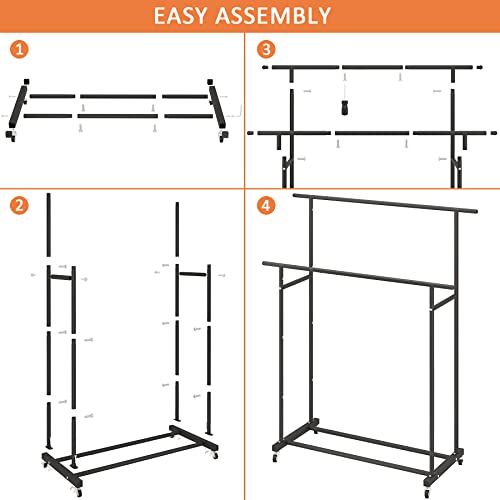 Calmootey Double Rod Clothing Garment Rack,Rolling Hanging Clothes Rack,Portable Clothes Organizer for Bedroom,Living Room,Clothing Store,Black