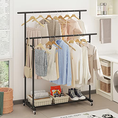 Calmootey Double Rod Clothing Garment Rack,Rolling Hanging Clothes Rack,Portable Clothes Organizer for Bedroom,Living Room,Clothing Store,Black