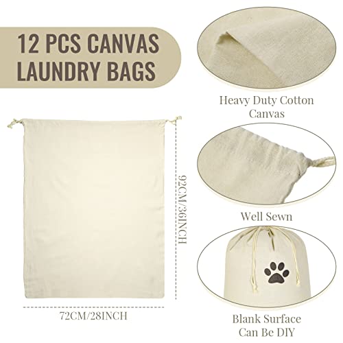 Remagr 12 Pieces Canvas Laundry Bags Bulk Large Cotton Laundry Bag with Drawstring Heavy Duty Hamper Liner Bag Washable Dirty Clothes Bag Santa Bag for Travel Household, 28" x 36"