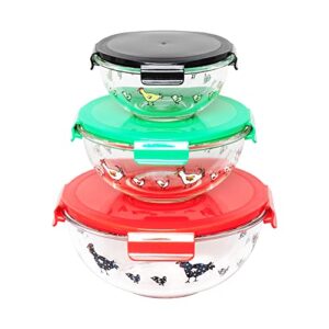 genicook borosilicate glass meal and food storage container, round shape, 6 pc set (3 containers - 3 lids), farm-style rooster design