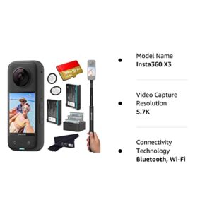 insta360 X3 - Waterproof 360 Action Camera Bundle Includes Extra 2 Batteries, Charger, Invisible Selfie Stick, Lens Guard & 128GB Memory Card Black