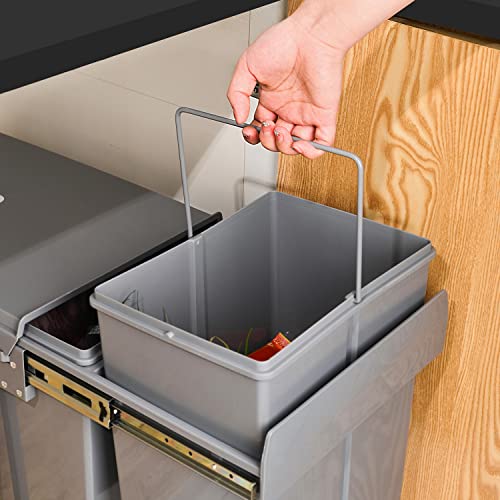 TANYOYO 40 Quarts Double Sliding Trash Can Under Cabinet Kitchen Sliding Out Under Counter Waste Bin Kitchen Pull Out Recycling Bin Dual Waste Containers Under Sink Waste sorter Fixable Base