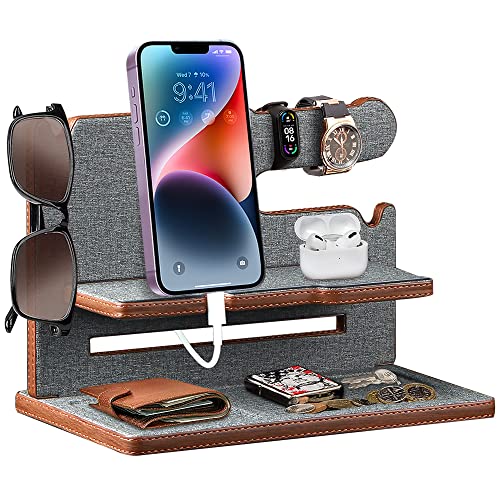 Gifts for Men,Leather Phone Stand Docking Station,Birthday Gifts for Him Dad Boyfriend Husband Guys,Watch Holder Desk Nightstand Organizer for Valentines Father's Day Anniversary Graduation from Wife