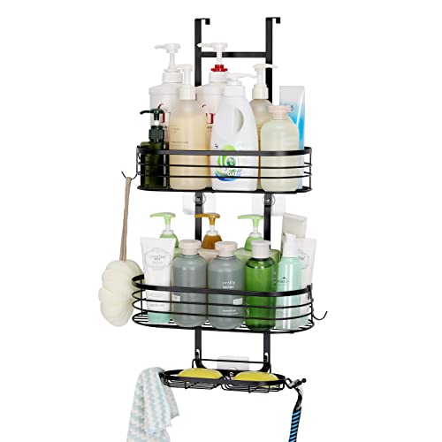 Fogein Over the Door Shower Caddy, 3 Tier Hanging Organizer Shelf Rustproof, Shower Basket with Suction Cup, Bathroom Shower Caddy Over The Door with Hook & Soap Box, No Drilling(Black)