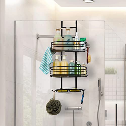 Fogein Over the Door Shower Caddy, 3 Tier Hanging Organizer Shelf Rustproof, Shower Basket with Suction Cup, Bathroom Shower Caddy Over The Door with Hook & Soap Box, No Drilling(Black)