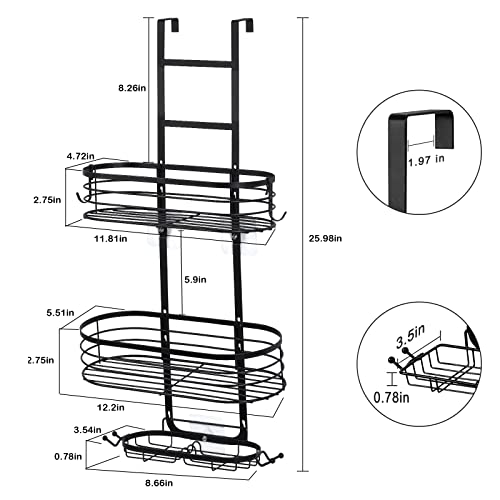 Fogein Over the Door Shower Caddy, 3 Tier Hanging Organizer Shelf Rustproof, Shower Basket with Suction Cup, Bathroom Shower Caddy Over The Door with Hook & Soap Box, No Drilling(Black)