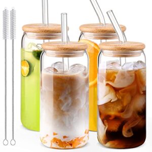porkus glass cups with bamboo lids and straws 4pcs set-18oz,cute glass iced coffee cups for coffee bar accessories-cups with lids and straw set