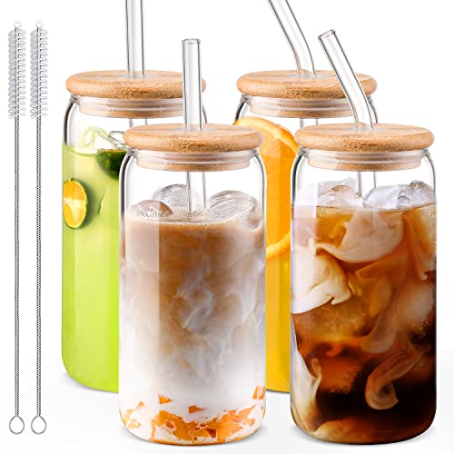 Porkus Glass Cups with Bamboo Lids and Straws 4pcs Set-18oz,Cute Glass Iced Coffee Cups for Coffee Bar Accessories-Cups with Lids and Straw Set