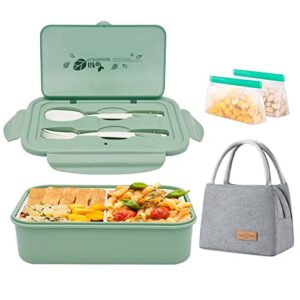 bento lunch box for kids, all-in-one bento lunch box container for childrens, built-in plastic utensil set, and insulation lunch bag, bpa-free (green)