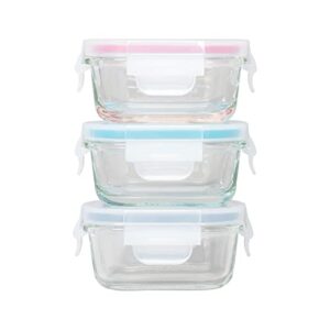 genicook borosilicate glass small baby-size meal and food storage containers, rectangular shape - 6 pc set (3 containers - 3 matching lids)