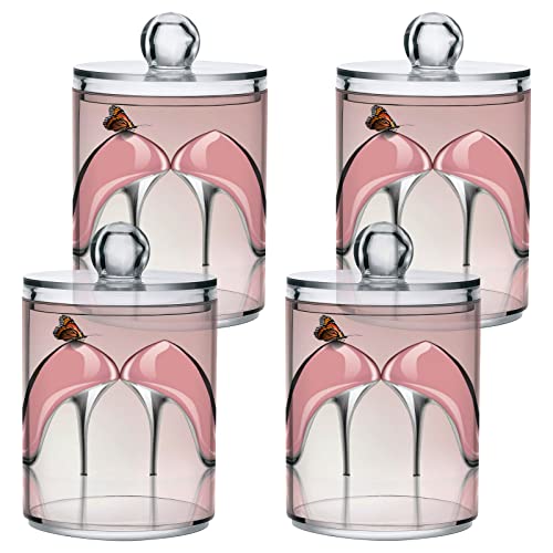 ALAZA 2pcs Pink High Heel Shoes Butterfly Qtip Holder Dispenser 14 oz Bathroom Storage Clear Apothecary Jars Containers Cotton Ball,Cotton Rounds,Floss Picks, Hair Clips, Food
