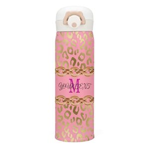 custom pink gold leopard water bottle personalized name text stainless steel sport water bottle customized double wall vacuum insulated cup gift for kids women men