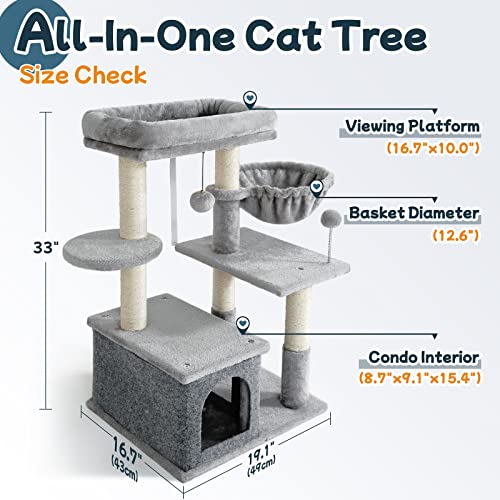 rabbitgoo Cat Tree for Indoor Cats, 33" Cat Tower Condo with Scratching Posts for Kittens, Small Cat Climbing Stable Stand with Toys & Plush Perch for Feline Play Rest, Multi-Level Pet Activity Center