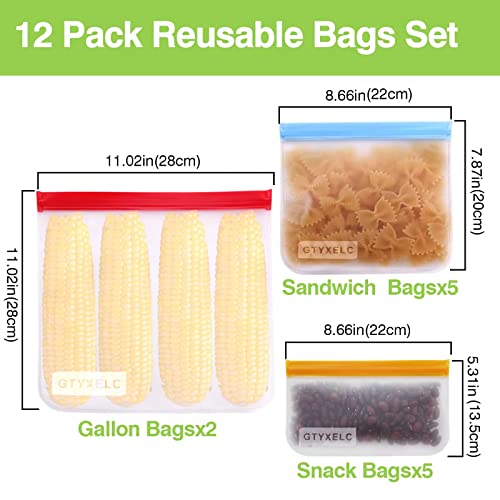 GTYXELC Reusable Storage Bags -BPA Free Reusable Freezer Bags (2 Reusable Gallon Bags + 5 Reusable Sandwich Bags + 5 Reusable Snack Bags) Leakproof Silicone Reusable Plastic Bags for Food（12 Pack)