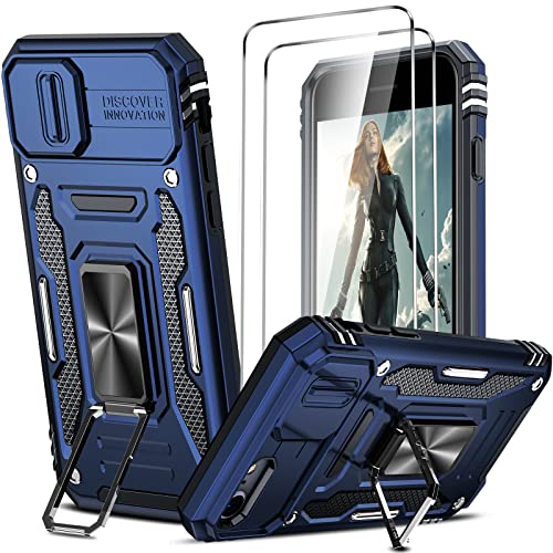 LeYi for iPhone SE Case: iPhone 8/7 Case with Slide Camera Cover + [2 Packs] Tempered Glass Screen Protector, Full Body Military-Grade Case with Upgrade Kickstand for iPhone 8, Navy Blue