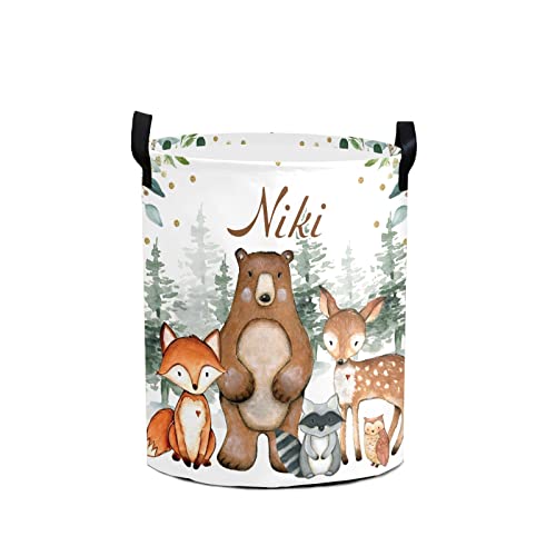 Greenery Woodland Forest Animals Laundry Basket Personalized with Name Laundry Hamper with Handle Organizer Storage Bin Bedroom Decor for Boys Girls Adults