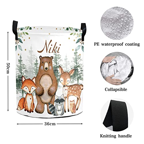 Greenery Woodland Forest Animals Laundry Basket Personalized with Name Laundry Hamper with Handle Organizer Storage Bin Bedroom Decor for Boys Girls Adults