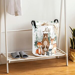 Greenery Woodland Forest Animals Laundry Basket Personalized with Name Laundry Hamper with Handle Organizer Storage Bin Bedroom Decor for Boys Girls Adults