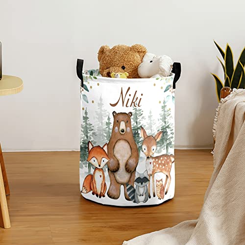 Greenery Woodland Forest Animals Laundry Basket Personalized with Name Laundry Hamper with Handle Organizer Storage Bin Bedroom Decor for Boys Girls Adults