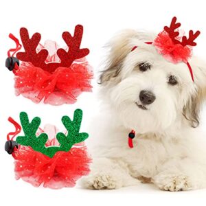 2pcs pet christmas hat, pet christmas hat with antlers, christmas antlers kitten and puppy grooming accessories (red-green)