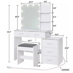 usikey Large Vanity Set with 10 LED Lights and Charging Station, Makeup Vanity Dressing Table with 5 Drawers, Storage Shelves and Cushioned Stool, Vanity Table with Cabinet Drawer Chest, White