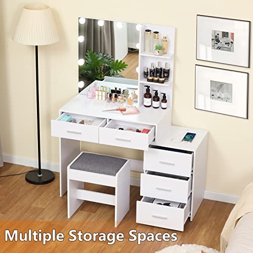 usikey Large Vanity Set with 10 LED Lights and Charging Station, Makeup Vanity Dressing Table with 5 Drawers, Storage Shelves and Cushioned Stool, Vanity Table with Cabinet Drawer Chest, White
