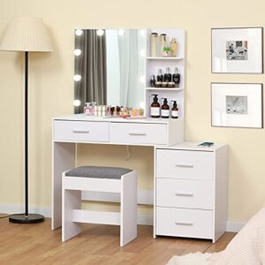 usikey Large Vanity Set with 10 LED Lights and Charging Station, Makeup Vanity Dressing Table with 5 Drawers, Storage Shelves and Cushioned Stool, Vanity Table with Cabinet Drawer Chest, White