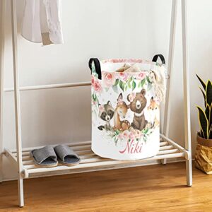 Woodland Animals Pink Blush Floral Laundry Basket Personalized with Name Laundry Hamper with Handle Organizer Storage Bin Bedroom Decor for Boys Girls Adults