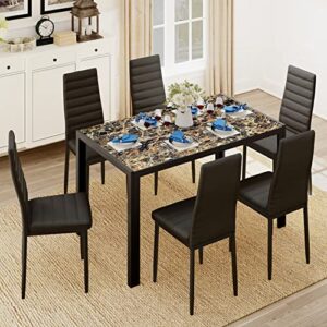 gizoon glass dining table sets for 6, 7 piece kitchen table and chairs set for 6 person, pu leather modern dining room sets for home, kitchen, living room marble