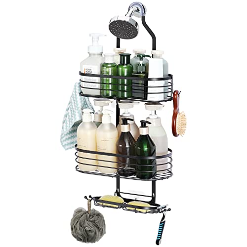 Shower Caddy Over Shower Head, 3 Tier Shower Hanging Organizer Shelf Rustproof, shower racks for inside shower, Shampoo Holder Bathroom Shelf With Soap Holder, Hooks and Bamboo Board, For Bath, Black